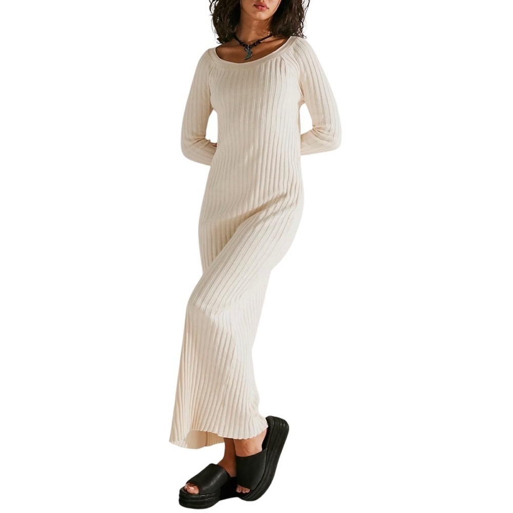Free People Walk About Maxi Dress Cream Beige Cotton Ribbed Knit Sz S